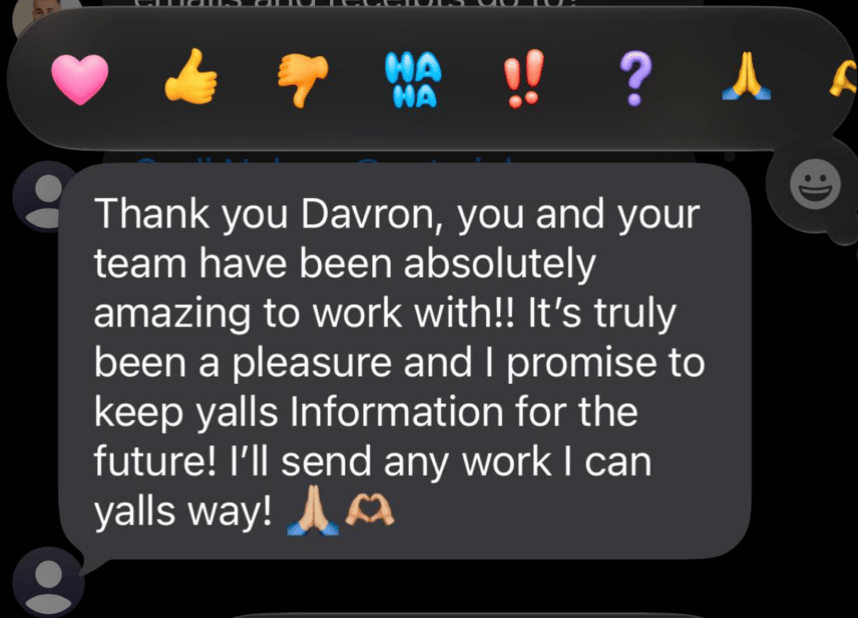 Client text message thanking Davron and the PixelKraft team